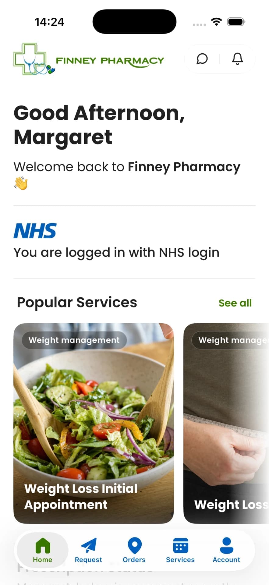 Finney Pharmacy app showing repeat prescription status and appointments